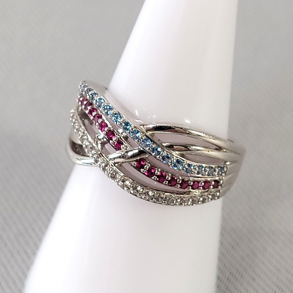 TJ Sterling Silver Ring Multi Row Crossover Red White Blue 4th July 925 Size 7.5